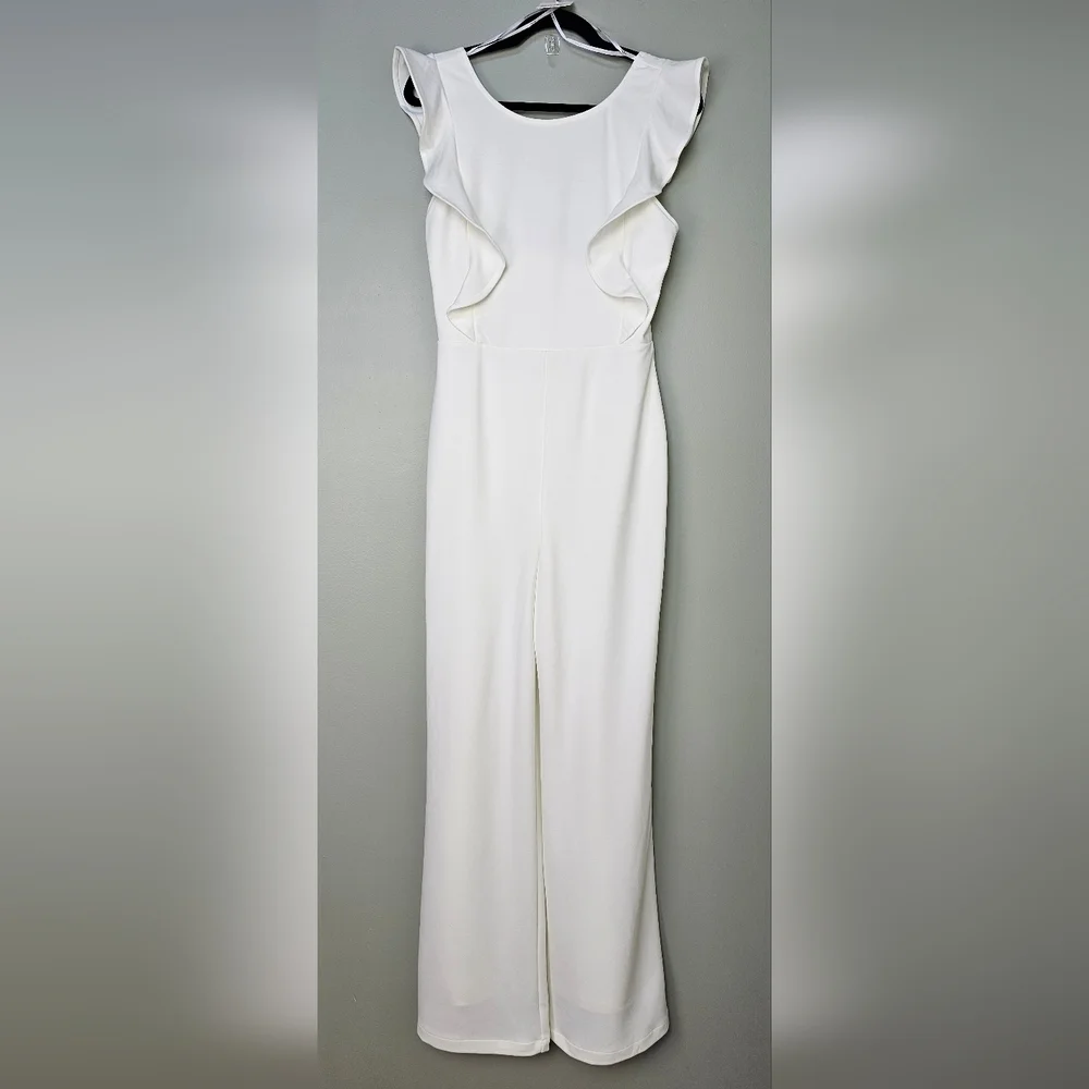Lulus Feel Your Love White Ruffled Wide-Leg Jumpsuit, Size Medium